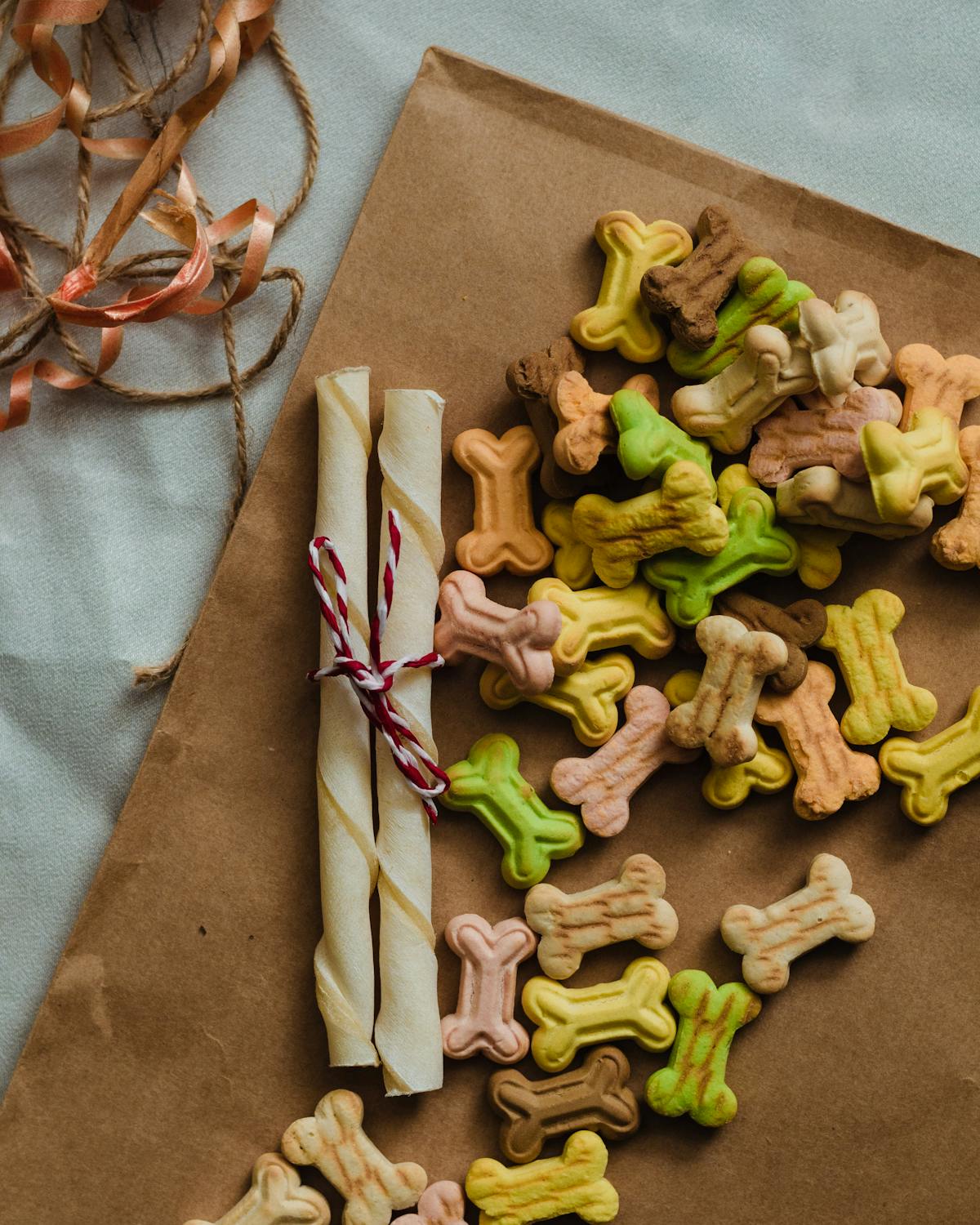 Small bone-shaped dog treats scattered on a wooden surface next to a small birthday candle