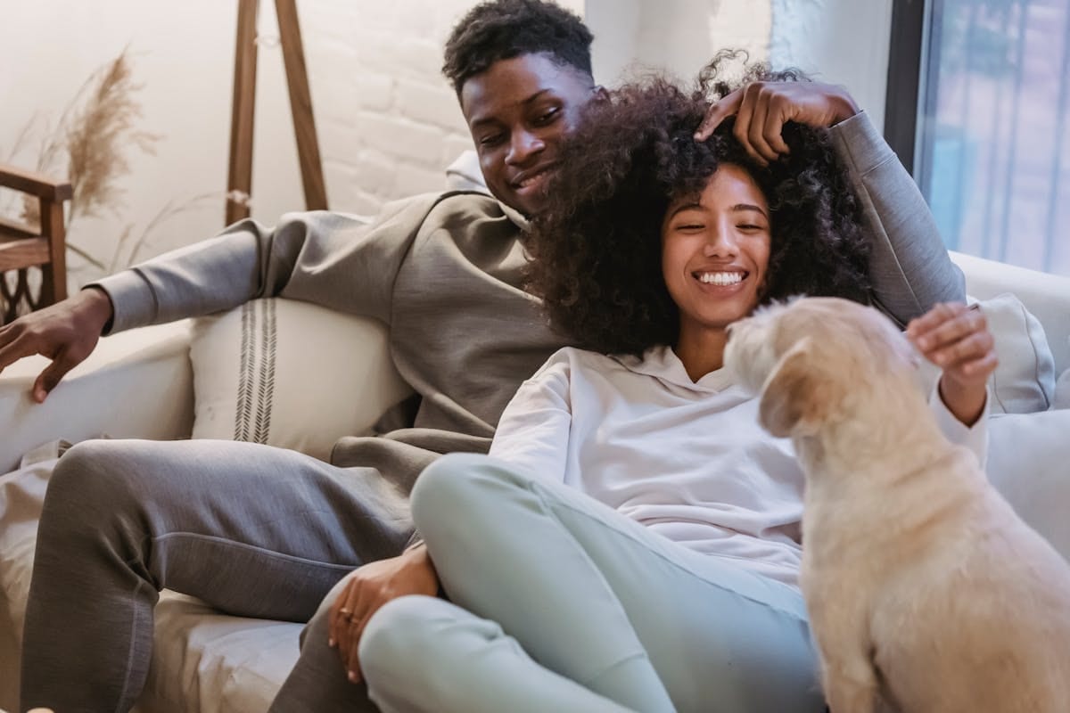 Smiling couple sitting on sofa playing with their dog in a bright living room