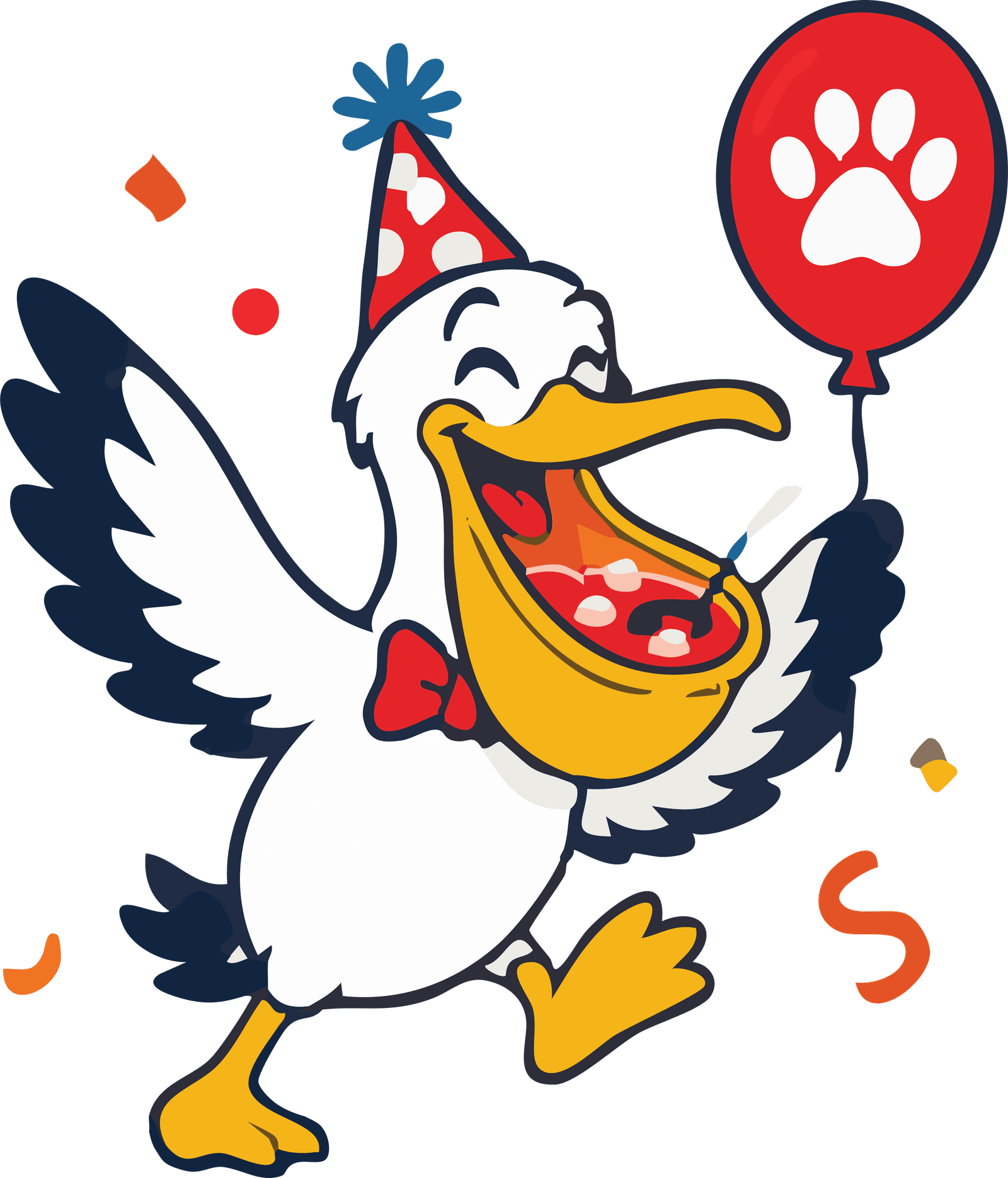Perry the Party Pelican holding a paw-print balloon