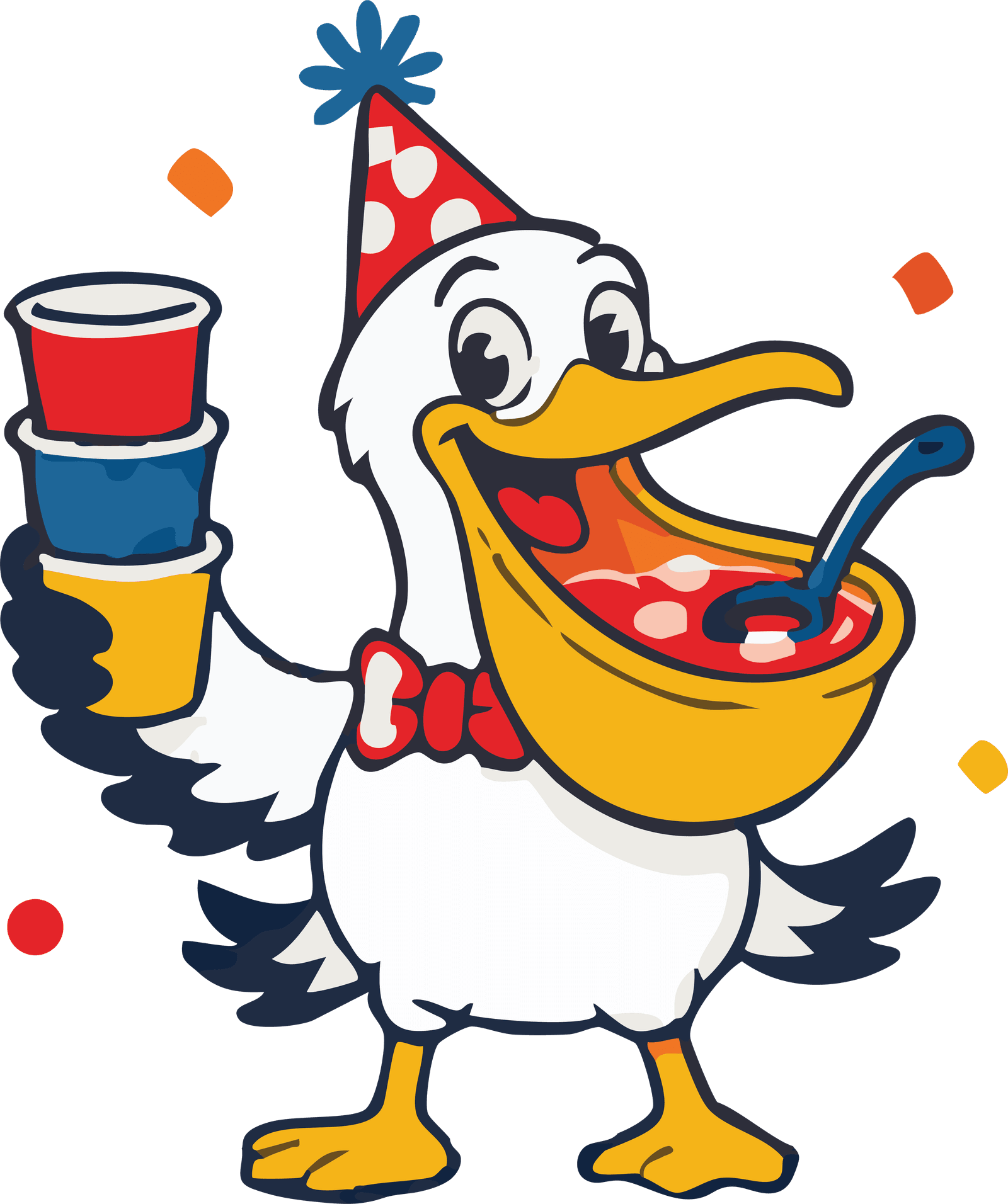 Perry the Party Pelican holding party cups